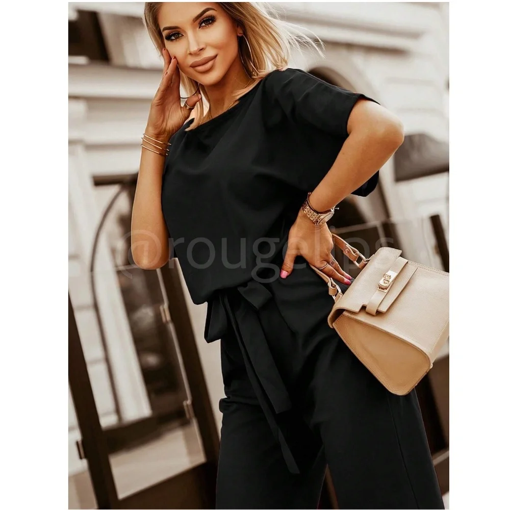 Black Jumpsuit Tie Belt Straight Leg Business Casual Short Sleeve - Picture 4 of 8